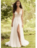 V Neck Ivory Lace Organza Slit Flowing Wedding Dress